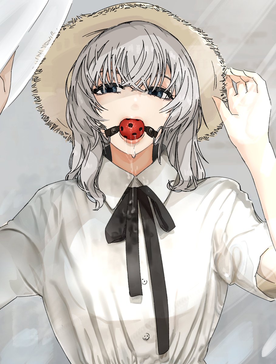 ball gag hat solo 1girl gag grey hair looking at viewer  illustration images