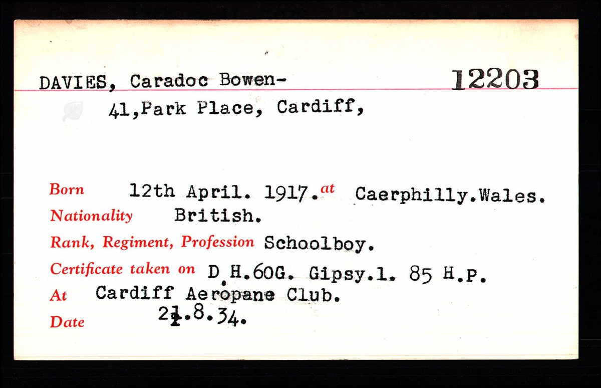 Caradoc was a schoolboy when he obtained his RAeC flying certificate in August 1934 with the Cardiff Aeroplane Club, and was commissioned into the RAF in 1937. After a period overseas in France, he became an instructor at the School of Army Co-Operation at RAF Old Sarum.