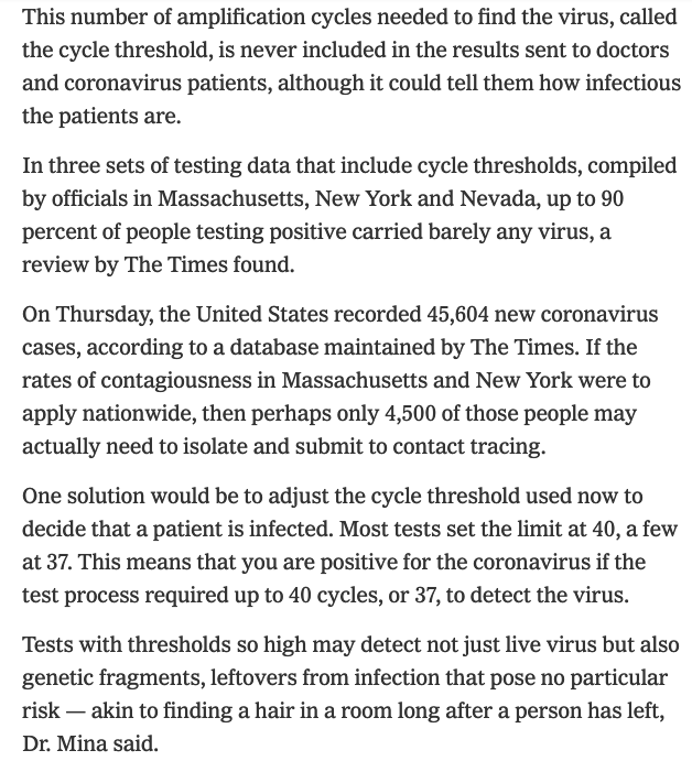 jeffreytucker's tweet image. Remember when a WHO researcher said asymptomatic transmission is very rare and all hell broke lose? Now the NYT says as much: the tests are far too sensitive to make most positive tests meaningful.  nytimes.com/2020/08/29/hea…