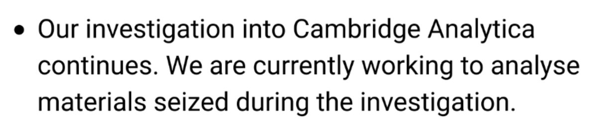 And in January 2019,  @ICOnews was still 'chasing' the (now insolvent) SCL Elections Ltd, i.e. Cambridge Analytica, for failure to respond to an enforcement notice on a DSAR: https://ico.org.uk/about-the-ico/news-and-events/news-and-blogs/2019/01/scl-elections-prosecuted-for-failing-to-comply-with-enforcement-notice/while clearly stating that its 'investigation' was still ongoing: