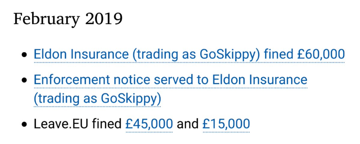 Through 2019,  @ICOnews handed out a few more related fines  & even managed to get  @facebook to cough up... £500k: https://ico.org.uk/about-the-ico/news-and-events/news-and-blogs/2019/10/statement-on-an-agreement-reached-between-facebook-and-the-ico/It consulted (briefly) & "reminded" political parties to behave in  #GeneralElection2019: https://ico.org.uk/about-the-ico/news-and-events/news-and-blogs/2019/11/information-commissioner-reminds-political-parties-they-must-comply-with-the-law-ahead-of-general-election/But has pretty much...