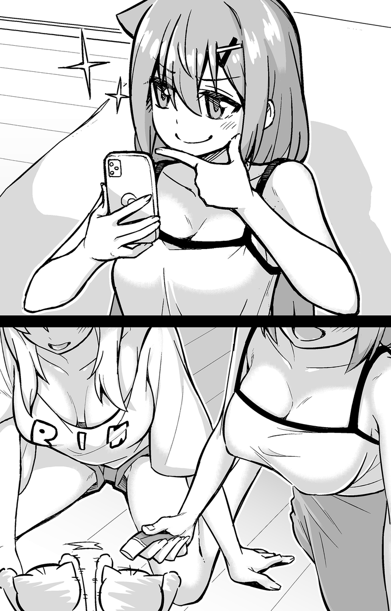 【今回のよく見て欲しいところ】
(上)ニンマリする社畜ちゃん
(下)猫におやつをあげているだけの2人 