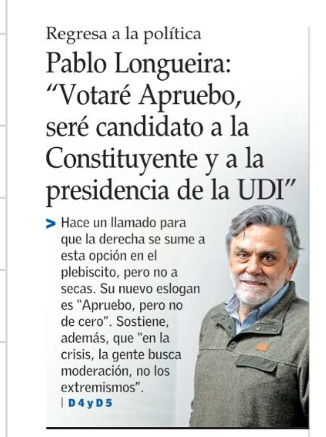 Bien por Longueira. Ahora queda claro que votar Apruebo es votar para que Pablo Longueira--y los mismos políticos de siempre--redacten la nueva constitución.
