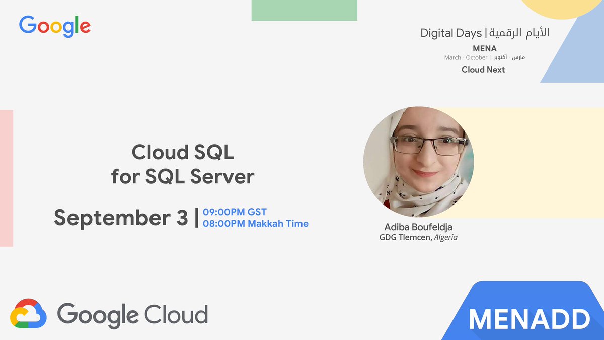 Cloud SQL is the only fully managed service that sets up, manages, &amp; administers your relational databases on Google Cloud Platform, so you can use it with both MySQL, PostgreSQL, &amp; SQL Server. To Learn More About, Join <a href="/Adiba_Boufeldja/">Adiba Boufeldja 🇩🇿</a>,September 3, 9pm dubai time #MENADD #Week24