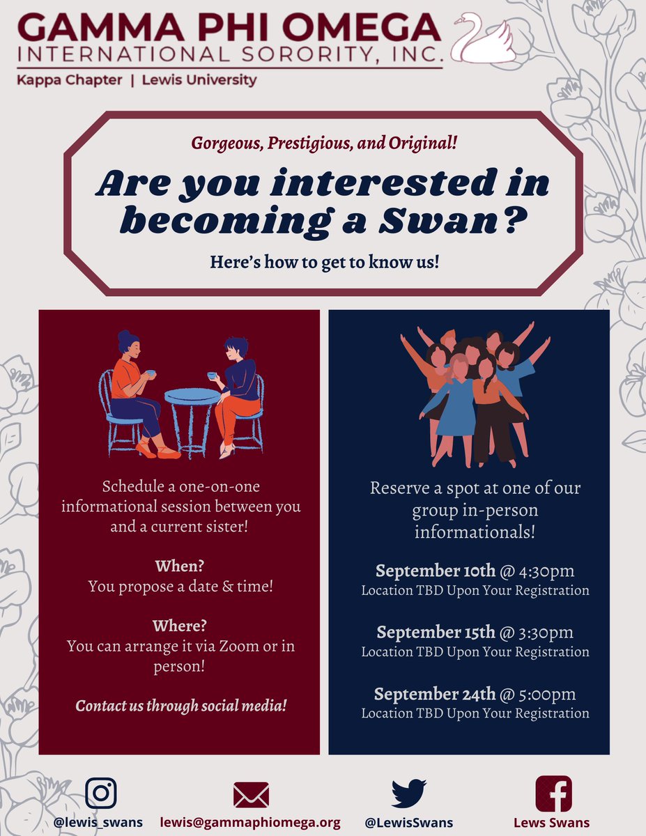 lewisgphio's tweet image. Come join us for our Informational’s of the Fall Semester! Select one of our available dates or arrange a time with us via Zoom or in person. Learn what it takes to be a part of the most Gorgeous, Prestigious, and Original organization!  🤍 #GPhiO  #KappaChapter
