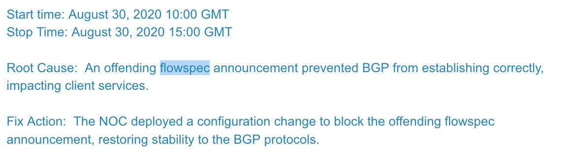atoonk's tweet image. The root cause of the @CenturyLink outage appears to be related to a Flowspec rule. 
(flowspec is a way to quickly distribute network ACLs via BGP)