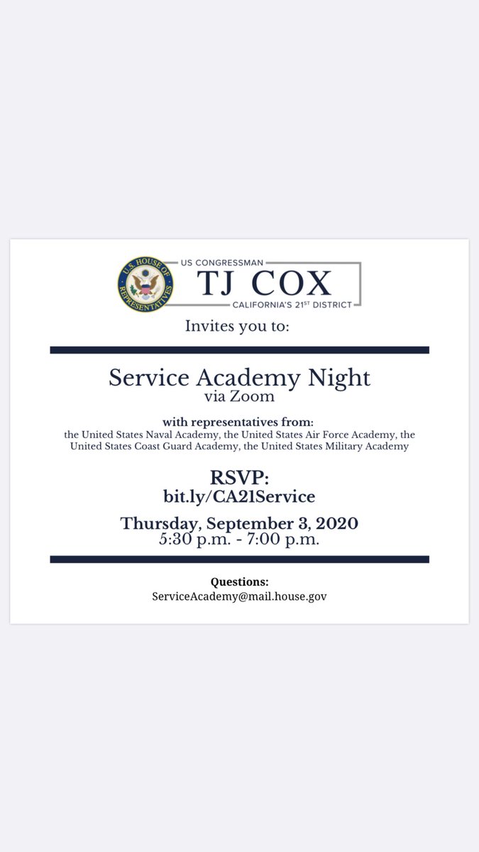 Information session open to all high school students, families and young leaders who are interested in attending a military branch. <a href="/Mmacias963/">Martín Macías</a> <a href="/salparrajr/">Sal Parra</a> <a href="/myluv4kidz/">MYLUV4KIDZ</a> <a href="/DaveTheSully/">Dave Sullivan</a> <a href="/TranquillityHS/">Tranquillity High School ASB</a> <a href="/4starLetty/">Letty Gonzalez</a> <a href="/Andre_Pecina/">Andre Pecina</a> <a href="/USNavy/">U.S. Navy</a> <a href="/uscoastguard/">U.S. Coast Guard</a> <a href="/usairforce/">U.S. Air Force</a>