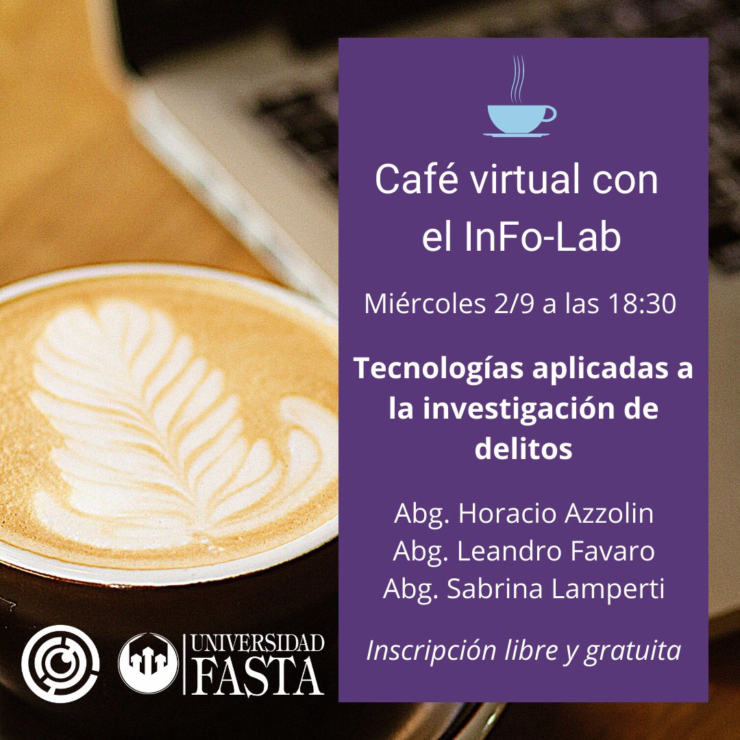 Este Miércoles 2/9 a las 18:30 hs te esperamos con el Abg. <a href="/horacioazzolin/">Horacio Azzolin</a>, el Abg. <a href="/fachafavaro/">Leandro Favaro</a> y la Abg. <a href="/sblamperti/">Sabrina Lamperti 💻</a> hablarán acerca de "Tecnologías aplicadas a la investigación de delitos". 𝗚𝗿𝗮𝘁𝘂𝗶𝘁𝗮

Inscripción:
forms.gle/QSZ3KkNJwpJY2A…