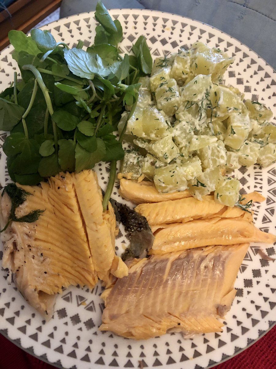 tomstaniford's tweet photo. Maison Du Staniford menu: fresh line-caught rainbow trout cooked en papillote with dill, new potatoes, lemon mayo and a side salad. Simples. https://t.co/UbUSx7YXFk
