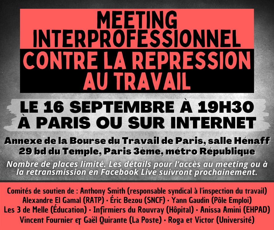 🔥 Contre la VAGUE DE #RÉPRESSION AU #TRAVAIL, une dizaine de comités de soutien s'unissent pour un MEETING #INTERPRO CONTRE LA VIOLENCE PATRONALE ET GOUVERNEMENTALE! 👊
💥 MERCREDI 16 SEPTEMBRE À PARIS & EN LIVe
➡️ facebook.com/events/7640931…
#StopRépression #StopRépressionAuTravail