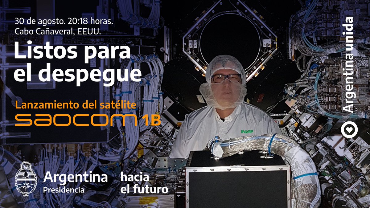 RCSalvarezza's tweet photo. ¡Todo listo para el lanzamiento del satélite #SAOCOM1B! 

Hoy a las 20:18 desde Cabo Cañaveral. 

#ArgentinaUnida #HaciaElFuturo https://t.co/HFtC4QW19c