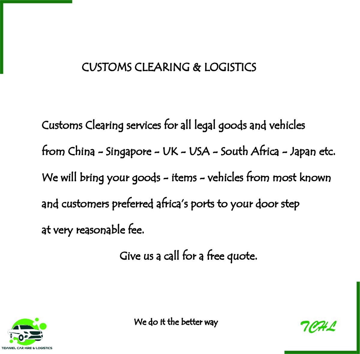 TidanielCarHire's tweet photo. Specialized in expediting your Goods as well as motor vehicles as they enter Zambia via any border of entry.
#transportation #value_addedlogosticsservices #customsclearing #clearing #zambia #urgencyandtimesavingserices #tchl #allgoods #wedoitthebetterway #customized #giveusacall https://t.co/AldpNq89hy