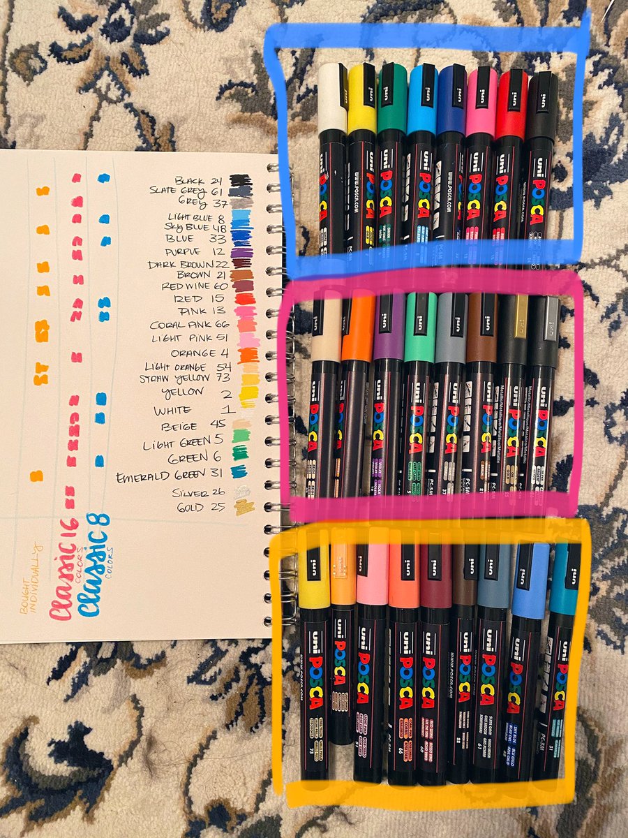  @poscauk sells packaged sets of “classic colors” which are less expensive than buying the colours individually, especially since they often go on sale.I’ve bought the classic 8 (blue), classic 16 (pink), and a bunch of colour a la carte (warm yellow).I labeled which is which-