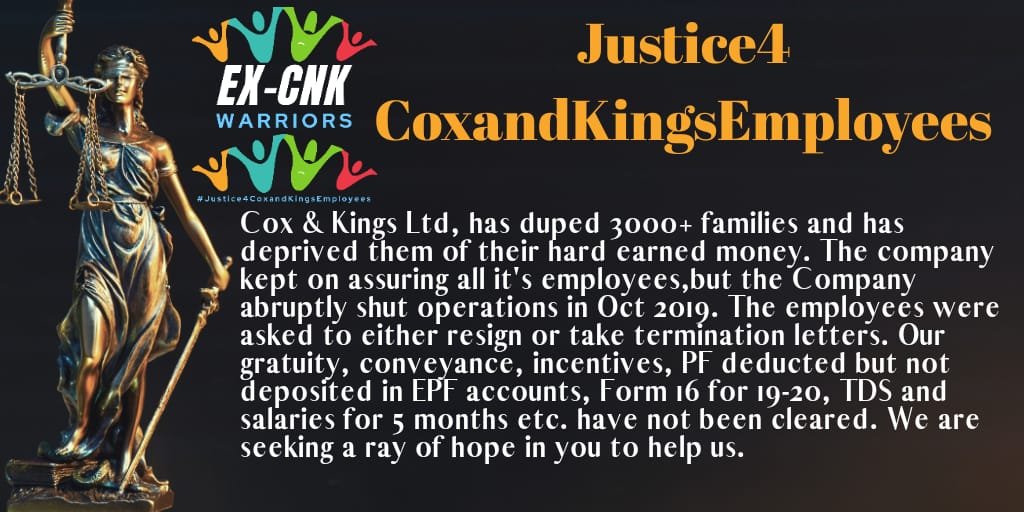 PrashantSalkar6's tweet photo. #Justice4CoxandKingsEmployees 
We need justice @PMOIndia @tourismgoi @ShivSena @ABPNews @aajtak @indiatvnews @justice4CNKEEA @AmitShah https://t.co/lgy0EkQlFn