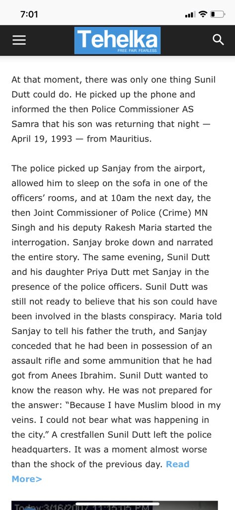 “Sunil Dutt wanted to know the reason why. He was not prepared for the answer: “Because I have Muslim blood in my veins. I could not bear what was happening in the city.” The people who collected the arms from his house got life sentences, while Sanjay Dutt was acquitted.