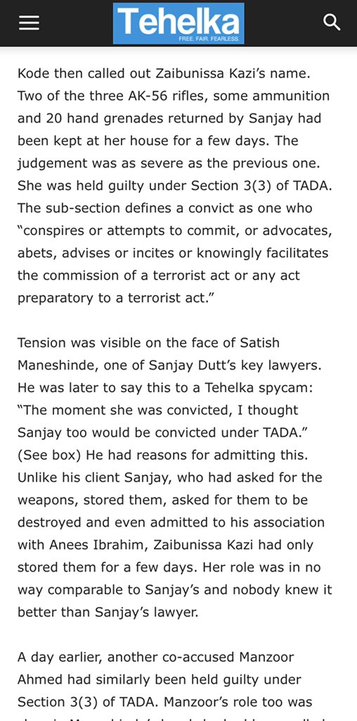 “Sunil Dutt wanted to know the reason why. He was not prepared for the answer: “Because I have Muslim blood in my veins. I could not bear what was happening in the city.” The people who collected the arms from his house got life sentences, while Sanjay Dutt was acquitted.