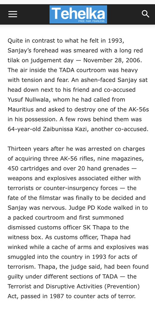 “Sunil Dutt wanted to know the reason why. He was not prepared for the answer: “Because I have Muslim blood in my veins. I could not bear what was happening in the city.” The people who collected the arms from his house got life sentences, while Sanjay Dutt was acquitted.