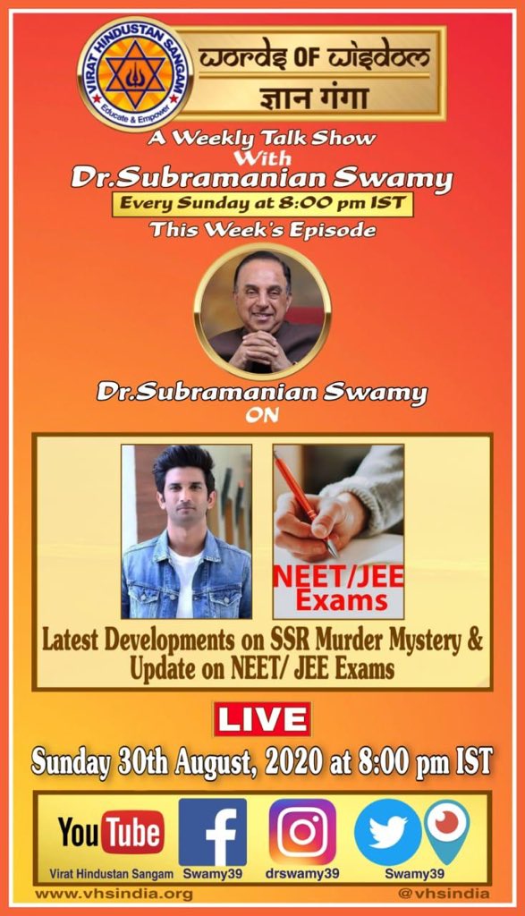 jagdishshetty's tweet photo. Dr Subramanian @Swamy39 tonite on the VHS  @vhsindia popular Sunday Weekly show at 8 pm IST #WordsOfWisdom #GyanGanga  On Latest Developments on SSR Murder Mystery &amp; update on NEET / JEE Exams : See Link for direct Viewing https://t.co/NMY3uMVpbb via @YouTube https://t.co/xwzoFef6aU
