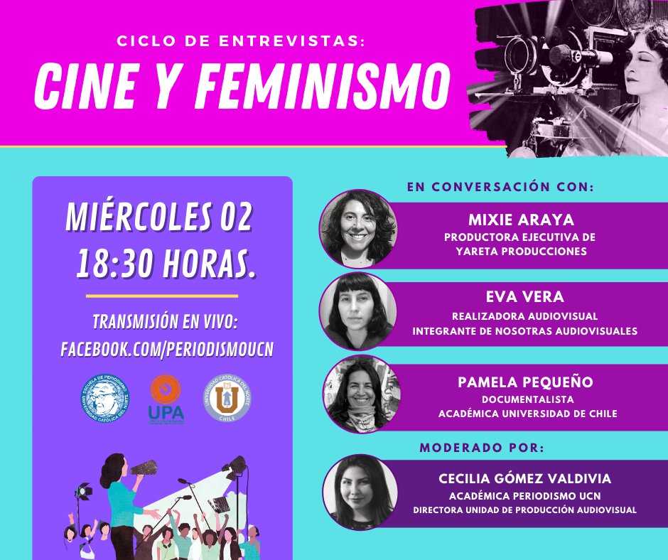 Periodismo_UCN's tweet photo. 📽️Extendemos la invitación al conversatorio sobre #Cine y #Feminismo de #PeriodismoUCN. Transmisión en vivo próximo miércoles 02 a las 18:30 horas en https://t.co/n02iEWESye. https://t.co/JiHR9YqpFe