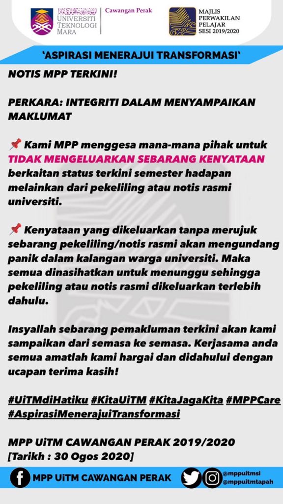mppuitmsi's tweet photo. | NOTIS TERKINI MPP! |

Integriti dalam menyampaikan maklumat.

#UiTMdiHatiku #KitaUiTM #AspirasiMenerajuiTransformasi #UiTMPerak #MPPPerak #MPPCare https://t.co/W7cUd2aODU