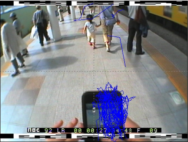aruki_smapho's tweet photo. もう一つ。
駅構内でツイッターをしながら歩行する時の��線特性の画像（視線は青い線）。
見ての通り、視線は殆どスマホ画面に集中して釘付け。前方の親子が全く目に入っていない。

#歩きスマホ #ながらスマホ #ながら歩き #駅 #ホーム https://t.co/6F2sTmN37N