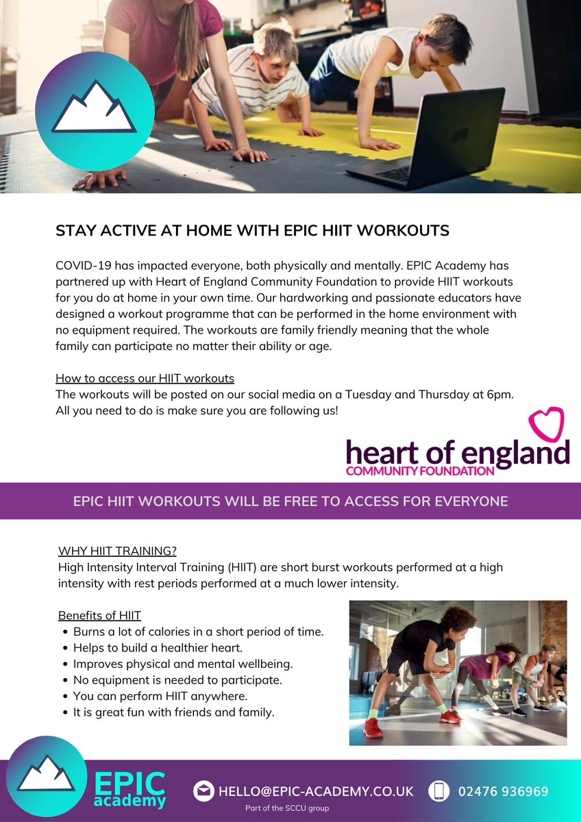 🚨 EPIC HIIT Workouts🚨

We have partnered up with Heart of England Community Foundation to provide you with FREE home based workouts that will be fun for everyone. 

#EPIC_Academy_UK