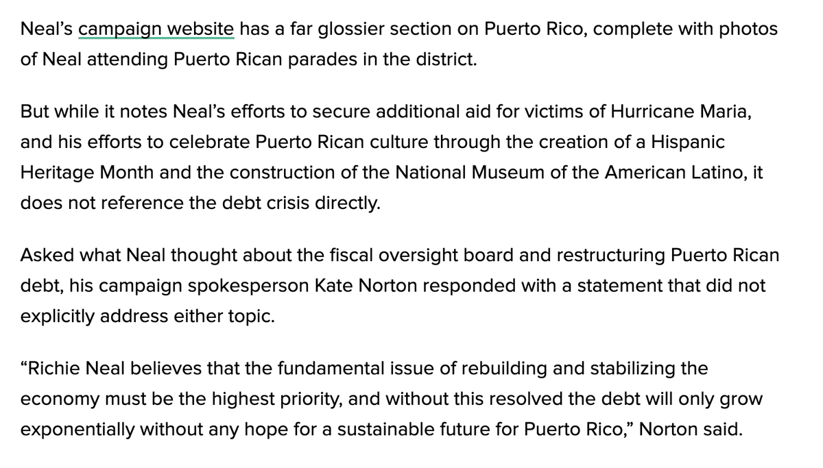 Asked about La Junta, Neal spox said, “Richie Neal believes that the fundamental issue of rebuilding & stabilizing the economy must be the highest priority, and without this resolved the debt will only grow exponentially without any hope for a sustainable future for Puerto Rico”