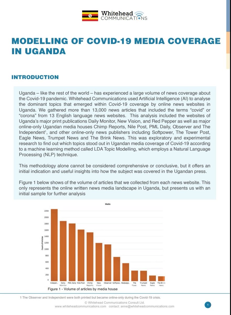 We decided to apply this new machine learning media analysis technique to tracking how Covid-19 was covered by Ugandan online news media.We began by scraping all articles including keyword (stems) "covid" and "corona" from 13 Ugandan news sites, collecting over 13,000 articles.