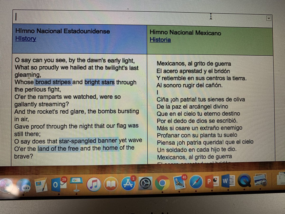 My Spanish language and Mexican culture class is back in session! Comparing the U.S &amp; Mexican national anthems en español. Positioning myself as a bilingual learner as I teach my bilingual students is linguistically and culturally insightful.