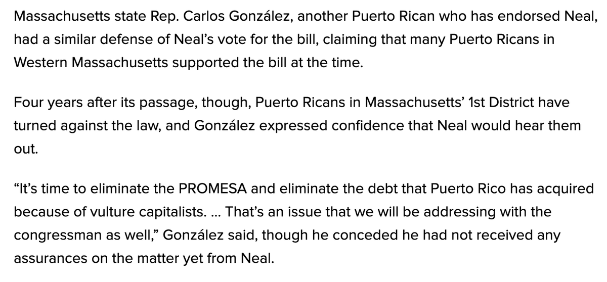 Apparently a number of prominent Puerto Rican Neal supporters are under the impression that he can be pushed to back debt restructuring.State Rep. Carlos González: "That’s an issue that we will be addressing with the congressman as well." He hasn't gotten any assurances yet.