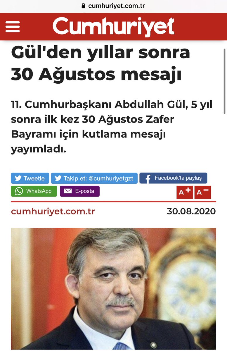 Murat Efe on Twitter: "Abdullah Gül, 5yıl (BEŞ) sonra neden #30Ağustos  yazdı; Bayram neden Bayramımız oldu; #15Temmuz öncesi ordu derken, şimdi  neden #Atatürk'ü andı demiyorum! Tüm siyasetçilere, az biraz MERT olun  diyorum