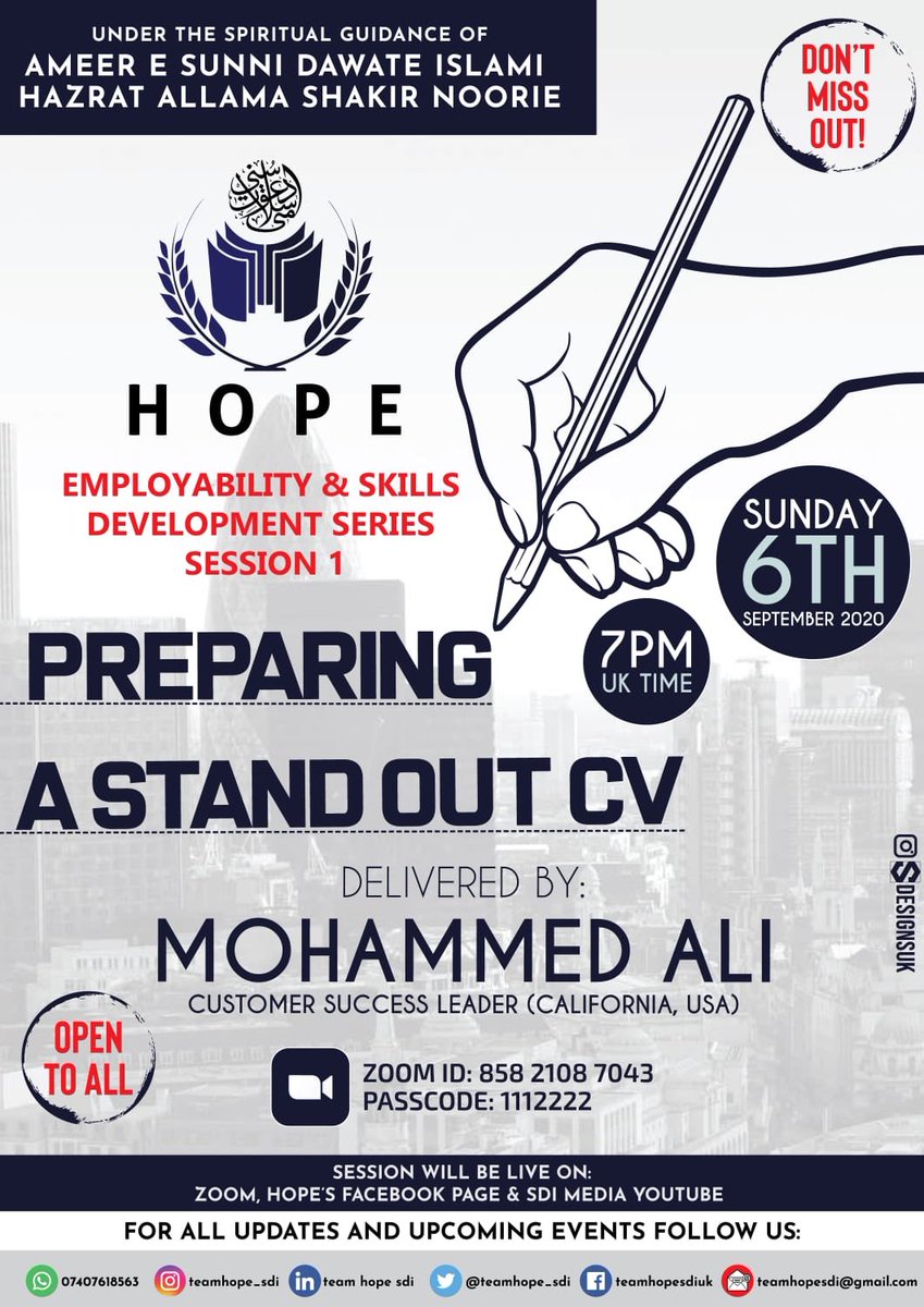 Join us for our very first webinar on Sun 6th Sep2020 at 7pm (UK time). 

This will be a great opportunity to enhance &amp; polish your CV with tips on how to stand out from the crowd right from the beginning of your job search journey!

See the below poster for Zoom login details.