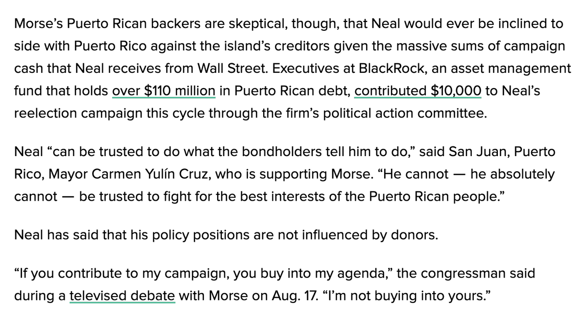 Neal has maintained that donor money doesn't shape his views.“If you contribute to my campaign, you buy into my agenda. I’m not buying into yours.”