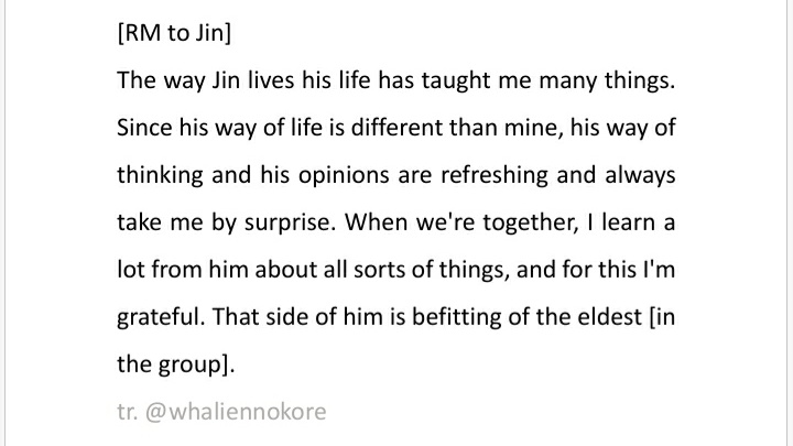So many years later, Namjoon continues to be vocal about how much he learns from Jin.