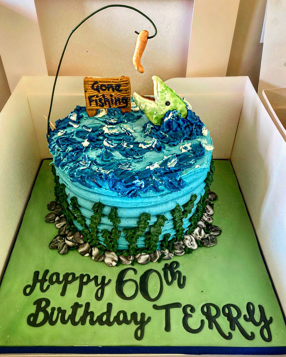 tracy thompson on X: A #chocolate #sponge #60th #Birthday #Fishing #Cake  with a #buttercream #water style finish with #handmade #sugar jumping #fish  and #worm #bait on the wire 😄 #worthing #cakes  /