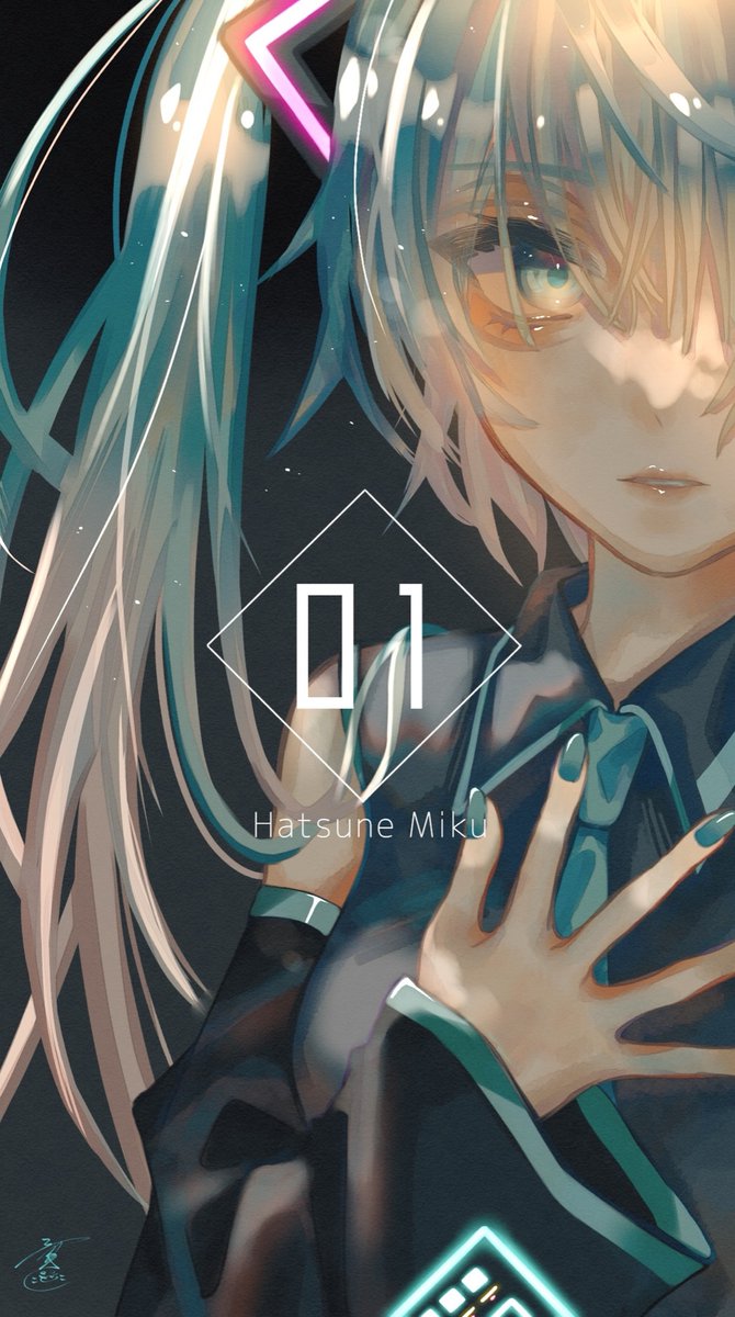 hatsune miku 1girl solo long hair detached sleeves twintails hand on own chest necktie  illustration images