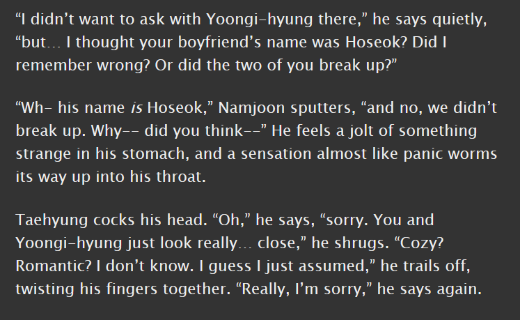 jin/yoongi/hoseok/namjoon, t, 16.2k || au; polyamory negotiations; established yoonjin and namseok get set up on a friend date || explores how all 4 of them fit together differently in a way that is so satisfying and everything i want from polyamory fic!  http://archiveofourown.org/works/19773784 