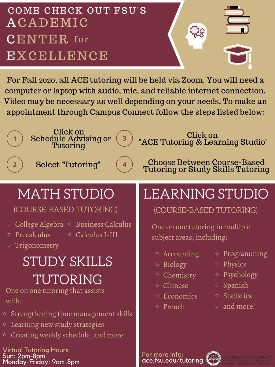 FSU_ACE's tweet photo. ACE Tutoring officially begins today at 2pm! Visit https://t.co/OwmkgRQwEJ to book an appointment! #ACETutoring #FSUACE https://t.co/1LdzHtdjBb