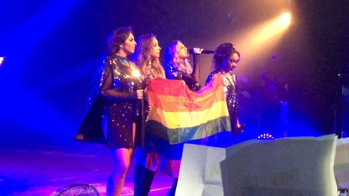 little mix are lgbtq allies and huge supporters. they have a song about lgbt called secret love song and they never refuse to show their support. they sang sls I’m dubai with a huge pride flag shown where homosexuality is illegal. they won an award for best lgbtq allies.