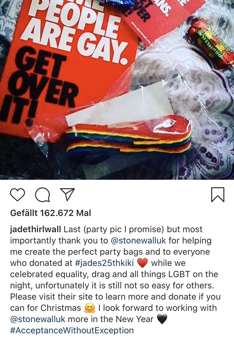 jade raised money for the stonewall lgbtq charity at her annual birthday party and encouraged her guests to do the same.