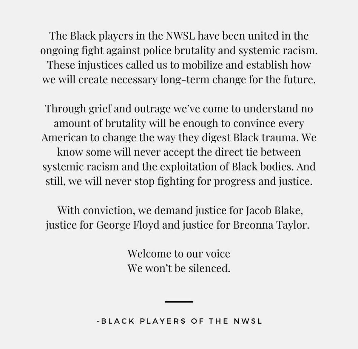 nwsl_players's tweet photo. We stand with our Black players. https://t.co/BSszddWCMU