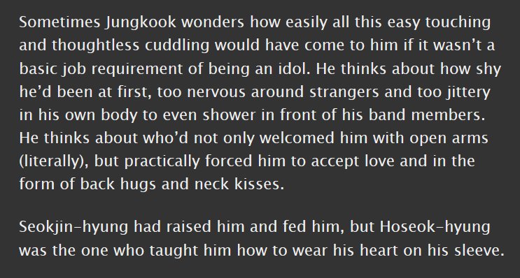 junghope, m, 11.9k || canon compliant, cuddling, the AIRPORT HAIR RUFFLE  || this is SO GOOD, baum is so good at character dynamics that feel real and multi-faceted and there are SO many just like perfectly pinpointed "that's THEM" moments it's GREAT  http://archiveofourown.org/works/19714324 
