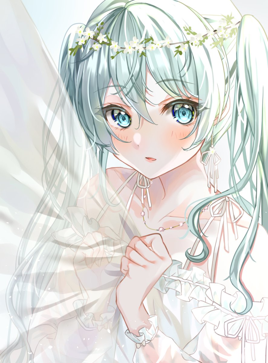 hatsune miku 1girl solo twintails long hair curtain grab looking at viewer jewelry  illustration images