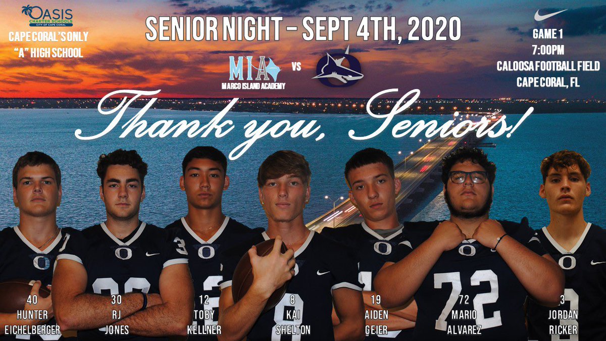 SharksOasisFB's tweet photo. It’s finally game week!!

GAME 1 - SENIOR NIGHT!!

🗓: Friday, 9/4/2020
⏰: 7:00pm
🏈: vs Marco Island Academy
📍: Caloosa Football Field
📺: OHS Football Facebook Live

🦈🏈🔥
#TheHunt #GoSharks https://t.co/LOtSMrXbaR