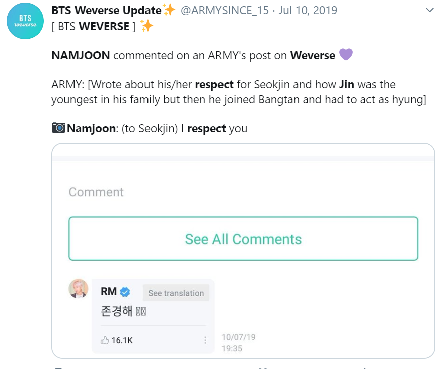 He also cherishes all the hard work Jin put into taking care of BTS as the hyung despite being the maknae of his family. Namjoon acknowledged it on weverse by commenting "I respect you(to jin)" on a long post talking about this.