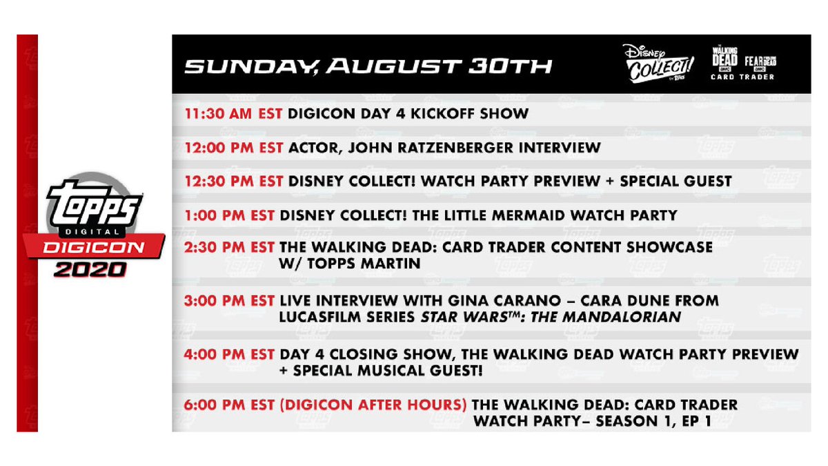 ToppsDigital's tweet photo. Day 4 kicks off LIVE @ 11:30AM ET as we celebrate @ToppsDisney &amp; @ToppsTWD’s featured day w/ new releases, a John Ratzenberger interview, special guest 
@ginacarano, The Little Mermaid Watch Party, and end w/ a musical performance! #ToppsDigiCon https://t.co/E8N8WJccc5
