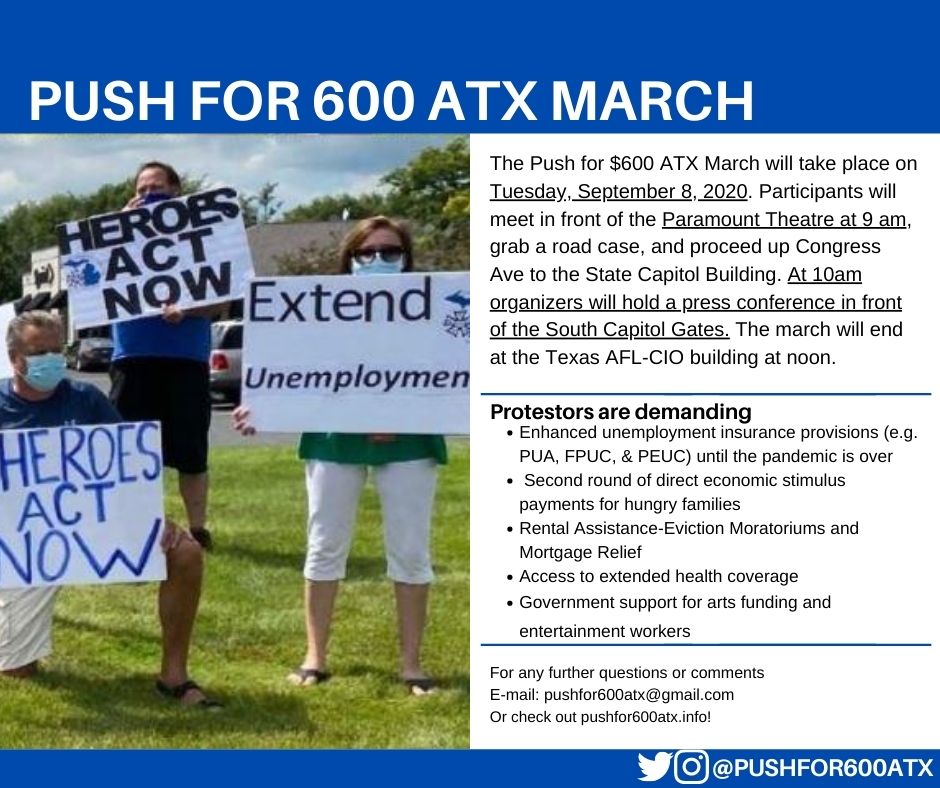 Pushfor600Atx's tweet photo. On September 8 in downtown Austin, entertainment industry professionals and many others affected by the pandemic-related industry shutdown will join together to push road cases up Congress Ave in support for the HEROES Act.
#pushfor600 #pushfor600atx #extendPUA #HEROESActNOW https://t.co/V2DWC1PiDv