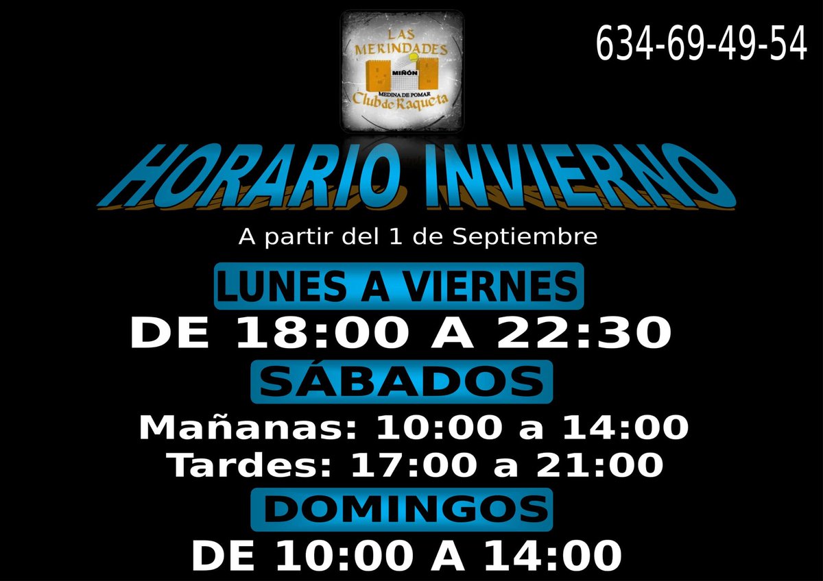 AdvanceTenisPad's tweet photo. Club de Raqueta Las Merindades. A partir del 1 de Septiembre volvemos al horario de invierno. https://t.co/ulPiWZBiHZ