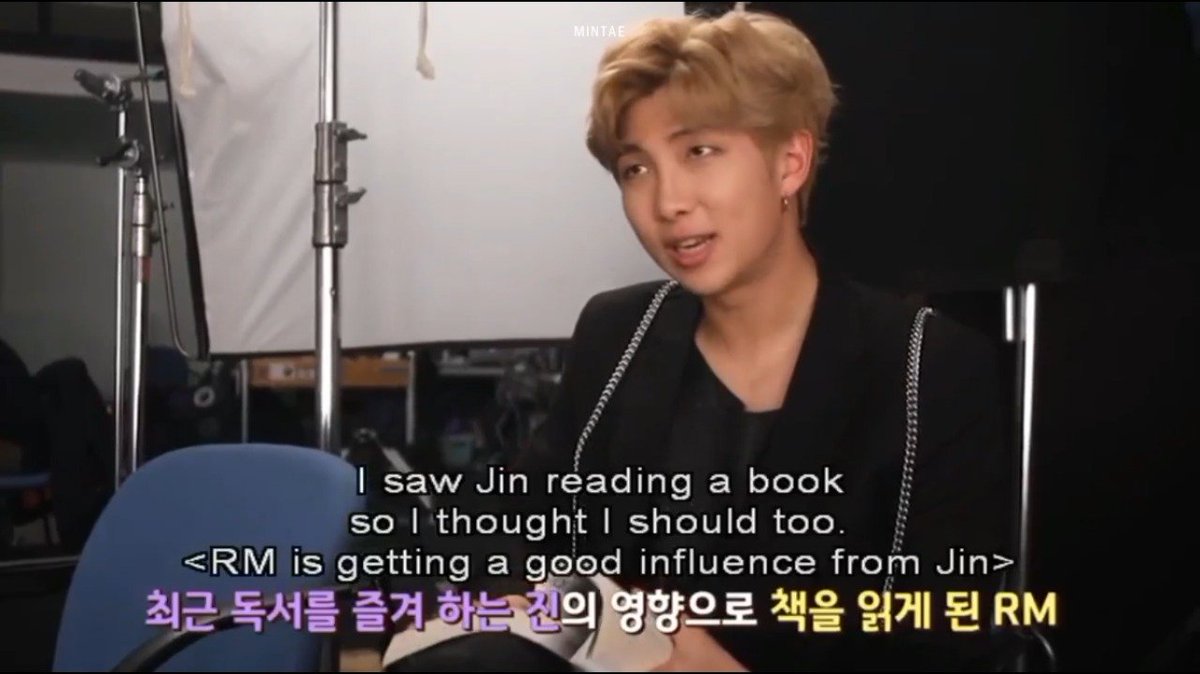 Jin clearly inspires him to the point that despite being a voracious reader himself, Namjoon once again decided to pick up the books he was slacking on upon seeing Jin read. Their relationship is not limited to big things and extends to the little things.