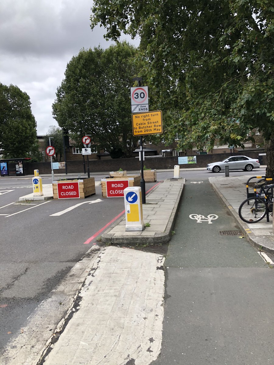 New planters near Limehouse banning a turn onto Butchers Row... I think this is to stop motorists cutting through the residential streets around here on their way to the Limehouse Link tunnel